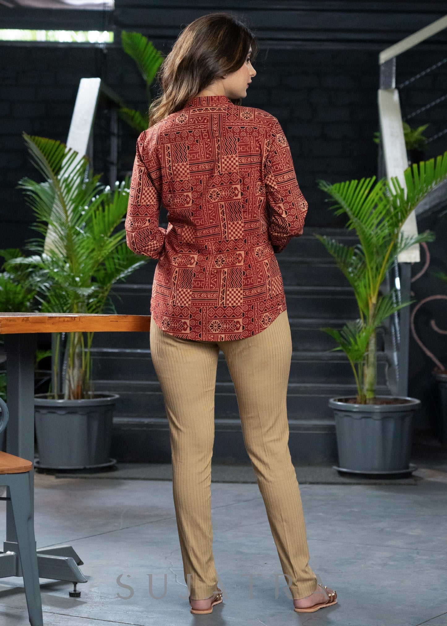 Stylish Maroon Ajrakh Cotton Mandarin Shirt with Wooden Buttons