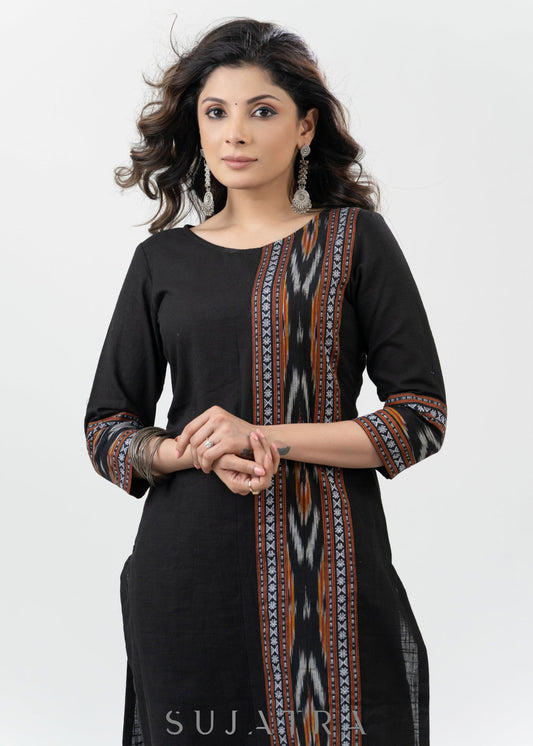 Simple Black Cotton Kurta With Multicolour Ikat Highlight - Palazzo Optional