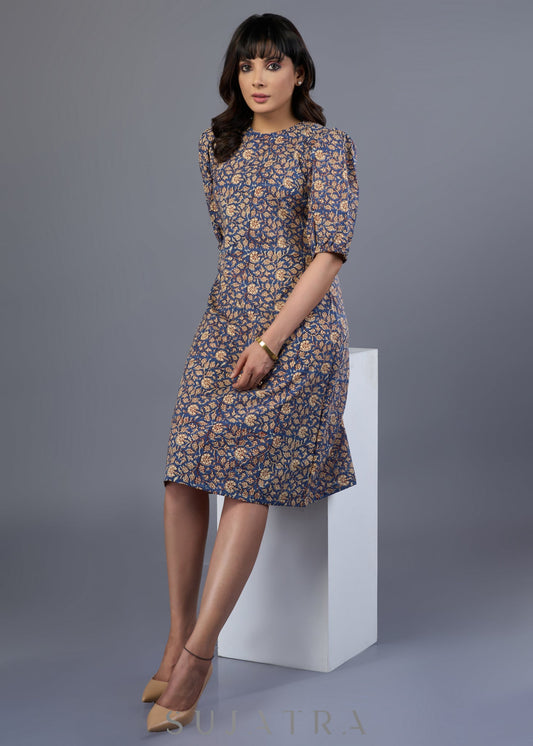 Sleek Blue Cotton Block Printed Gathered Sleeve Dress