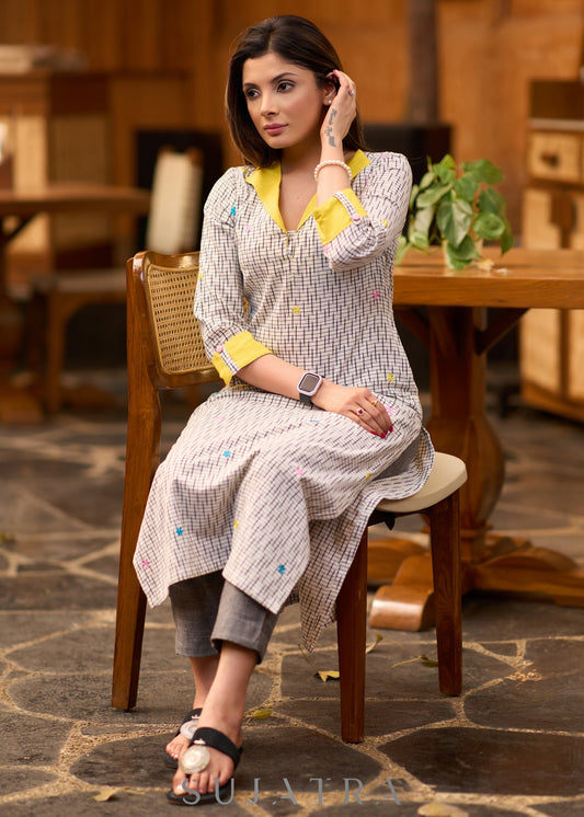 Trendy Black & white ikat kurta with yellow detaling & embroiderey all over Pant optional