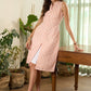 Trendy peach cotton printed A-line dress with mandarin collar