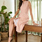 Trendy peach cotton printed A-line dress with mandarin collar