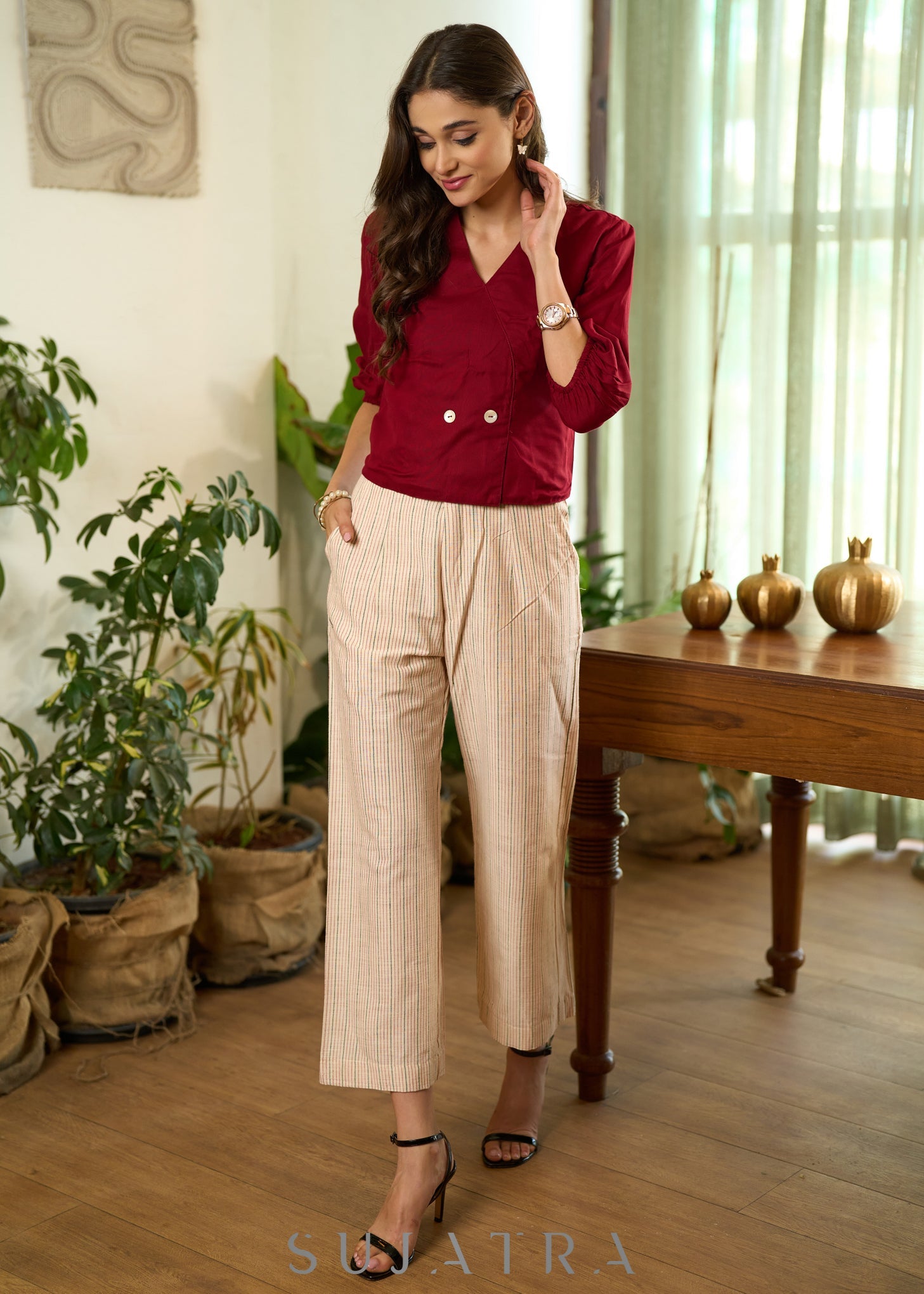 Casual red & grey cotton striped straight pant -Top optional