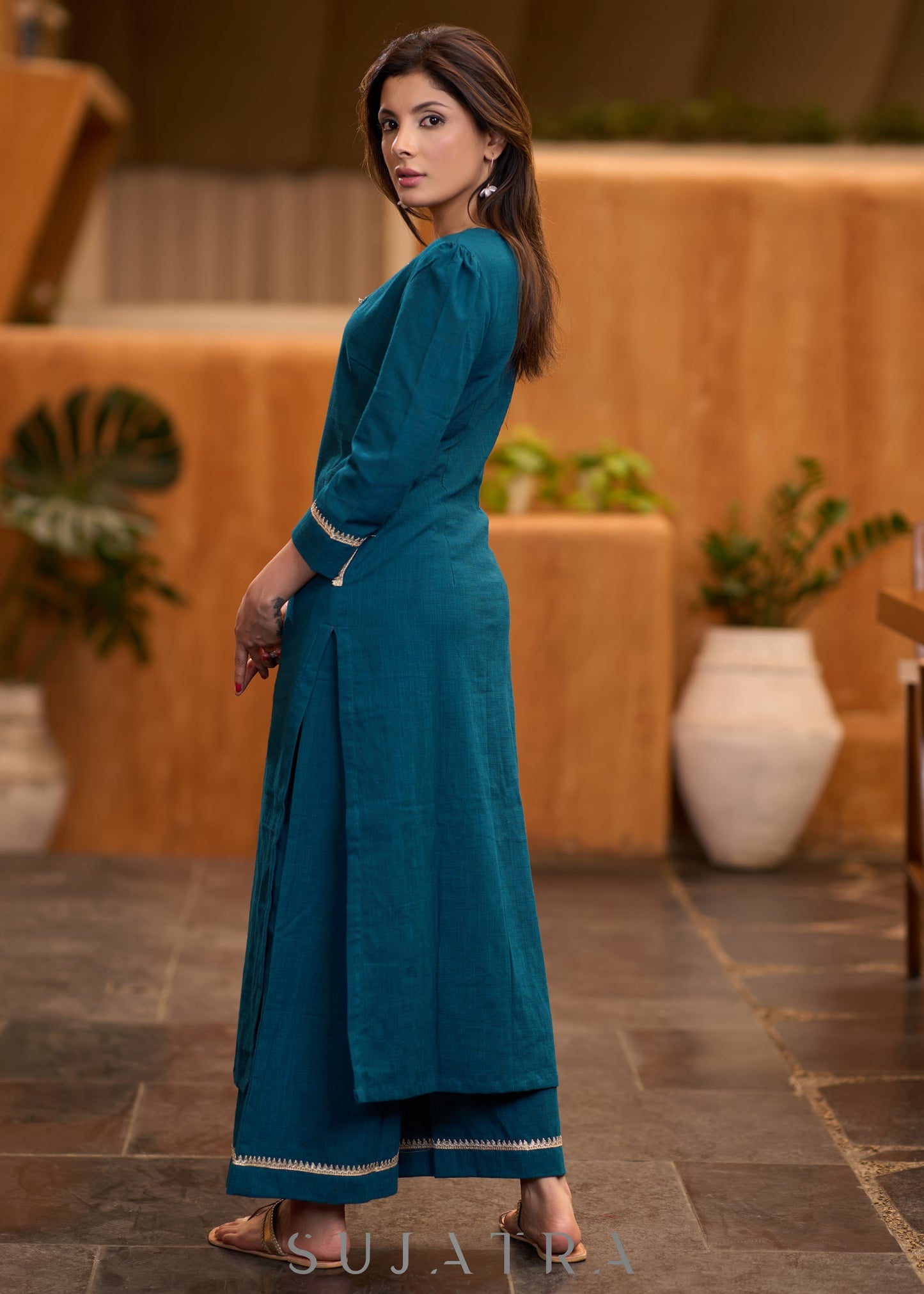 Trendy Teal cotton kurta with lace detaling Pant optional