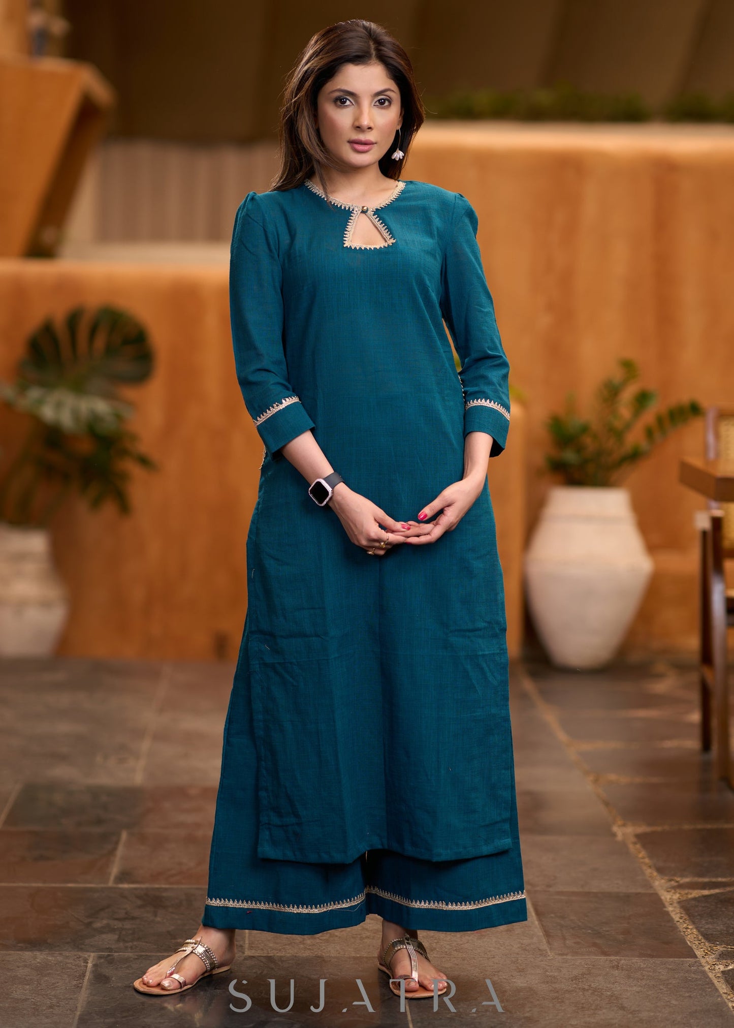 Trendy Teal cotton kurta with lace detaling Pant optional