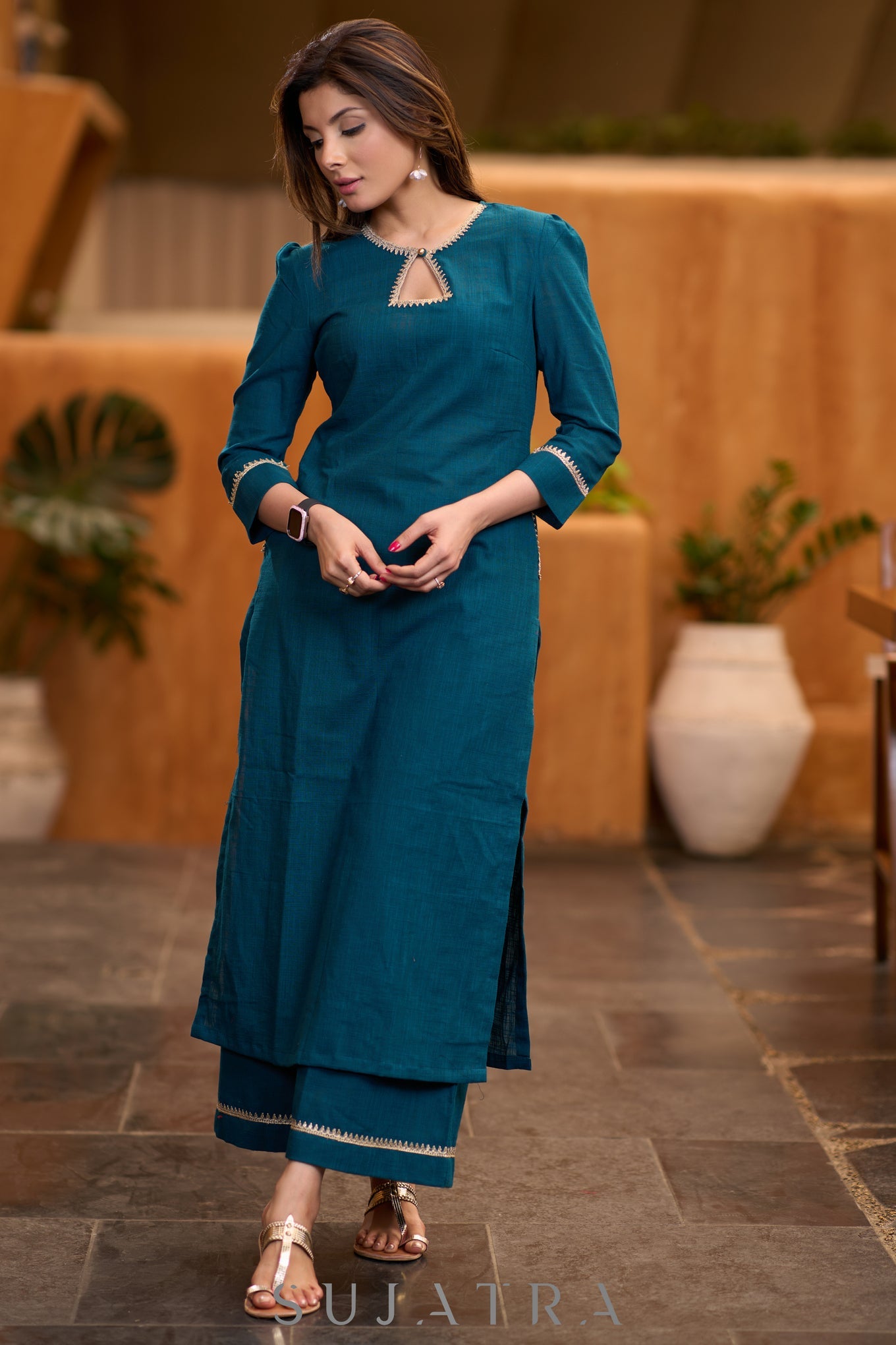 Trendy Teal cotton kurta with lace detaling Pant optional