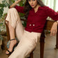 Casual red & grey cotton striped straight pant -Top optional