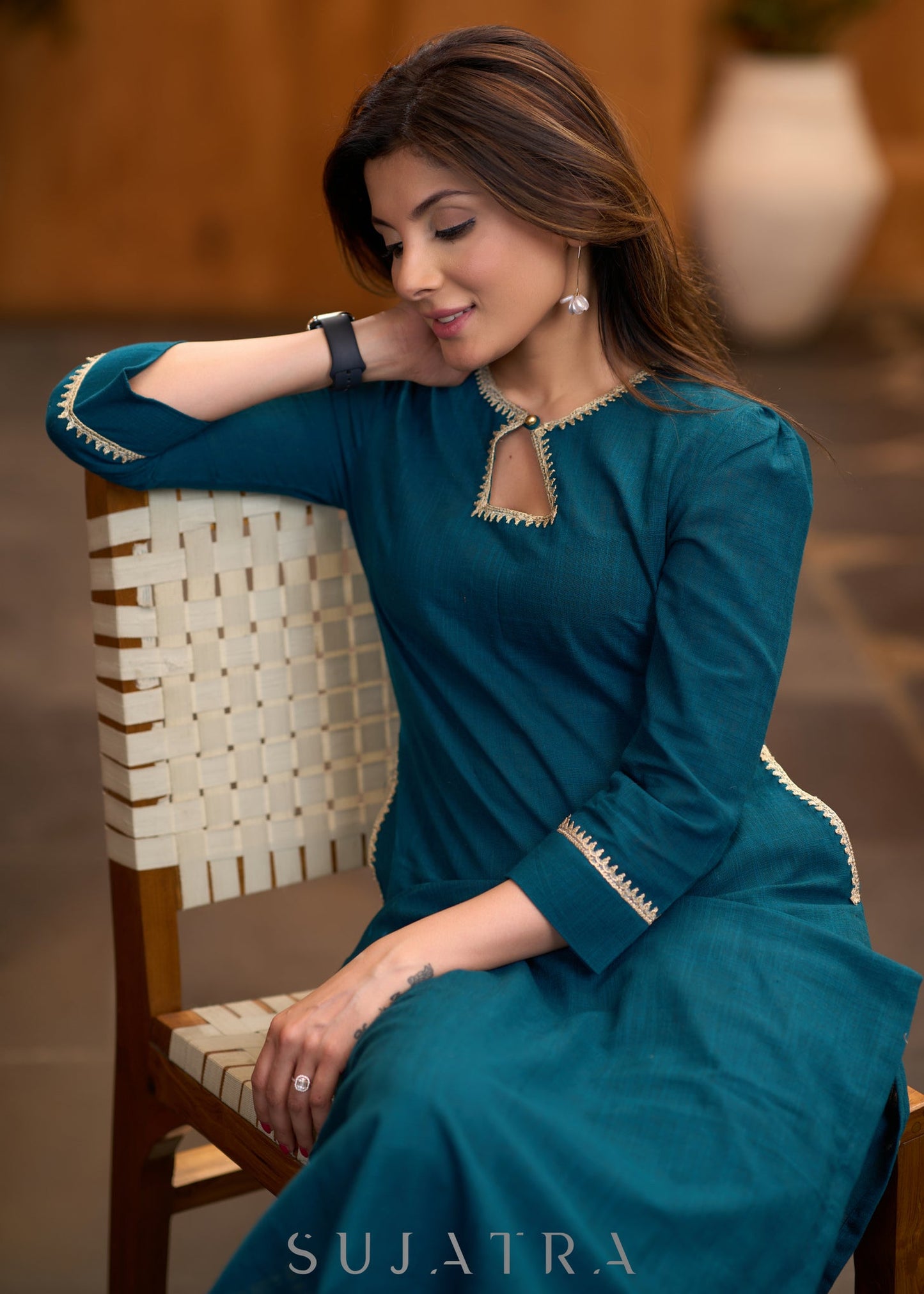 Trendy Teal cotton kurta with lace detaling Pant optional