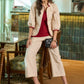 Stylish striped cotton collared jacket with gathered sleeves paired with maroon Inner - Pant Optional