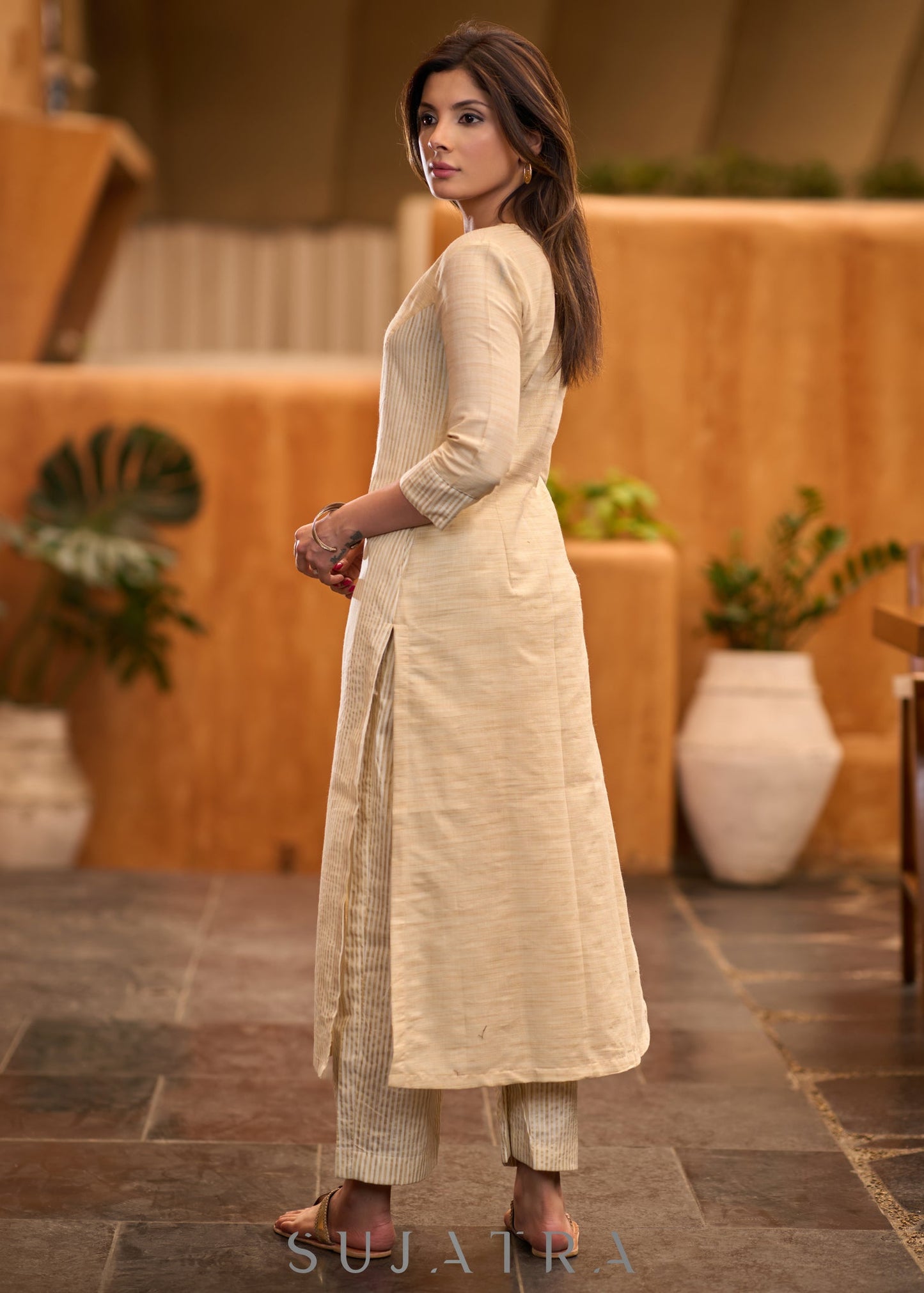 Elegant beige & striped princess cut kurta with mettalic buttons Pant optional