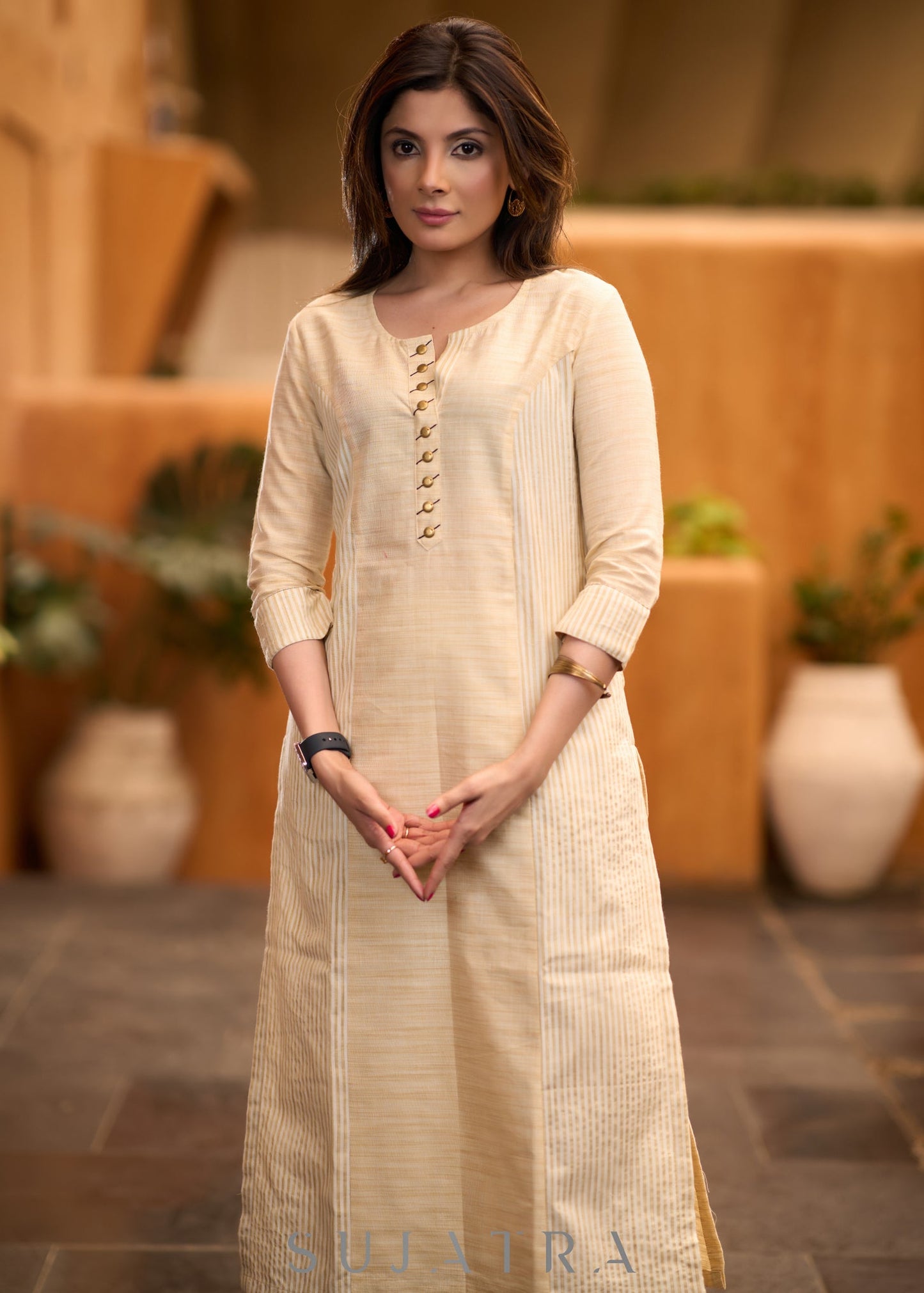 Elegant beige & striped princess cut kurta with mettalic buttons Pant optional