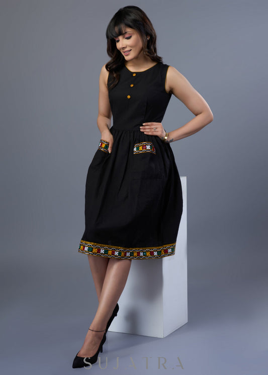 Beautiful Black Cotton Dress With Kutch Mirror Work Pocket