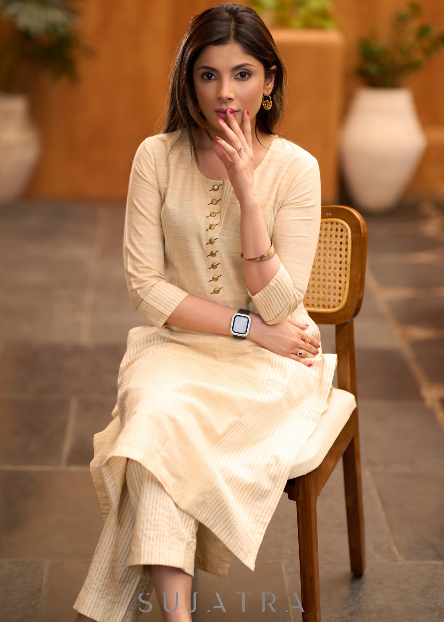 Elegant beige & striped princess cut kurta with mettalic buttons Pant optional