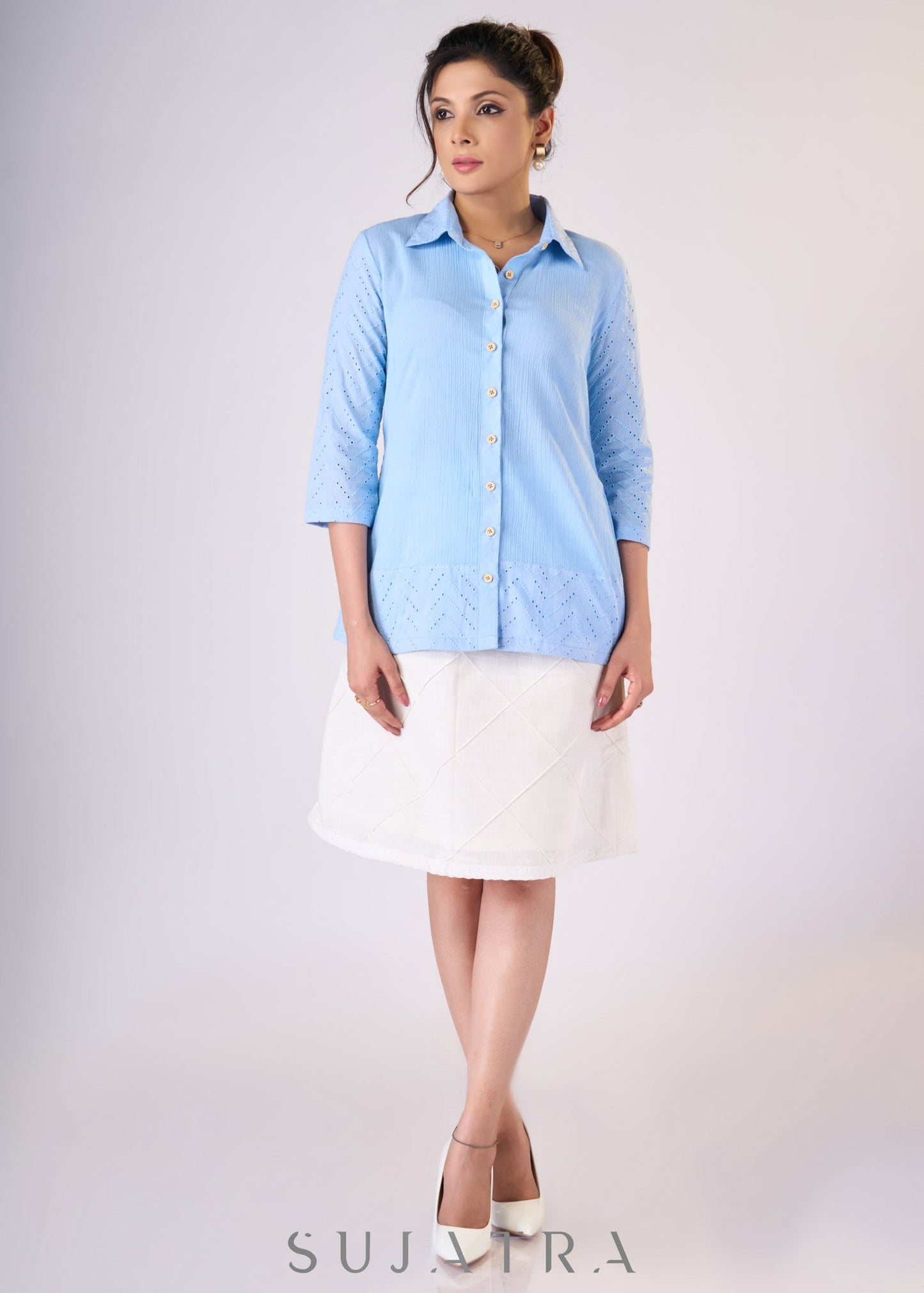 Light blue cotton shirt with hakoba detaling - Skirt Optional