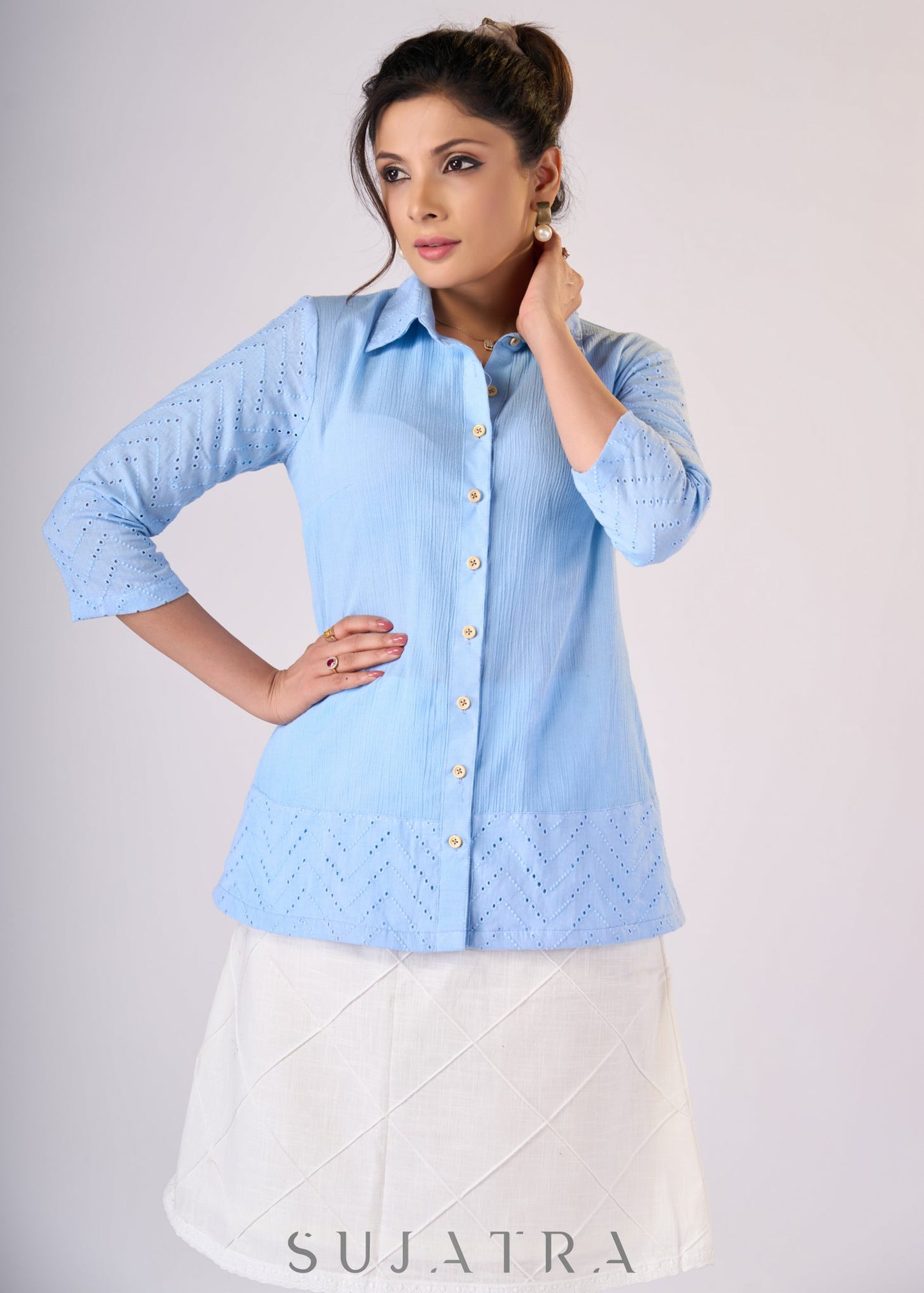 Light blue cotton shirt with hakoba detaling - Skirt Optional