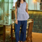 Casual navy blue rayon straight pant - Stripped Peplum Top Optional