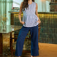 Casual navy blue rayon straight pant - Stripped Peplum Top Optional