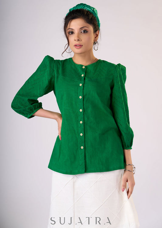 Emerald green cotton top with hakoba detaling - Skirt Optional