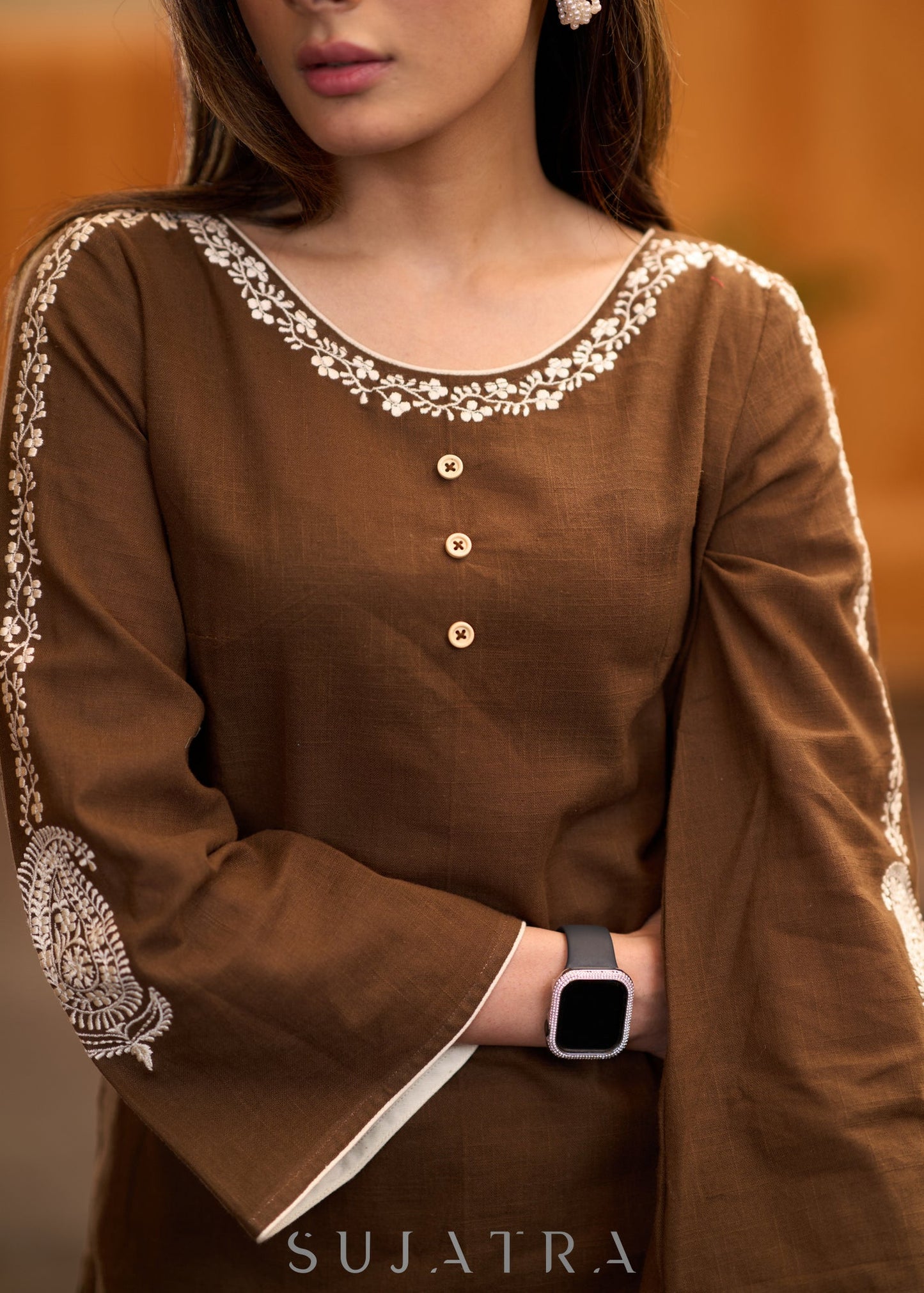 Exclusive brown cotton embroidered kurta with bell sleeves Pant optional