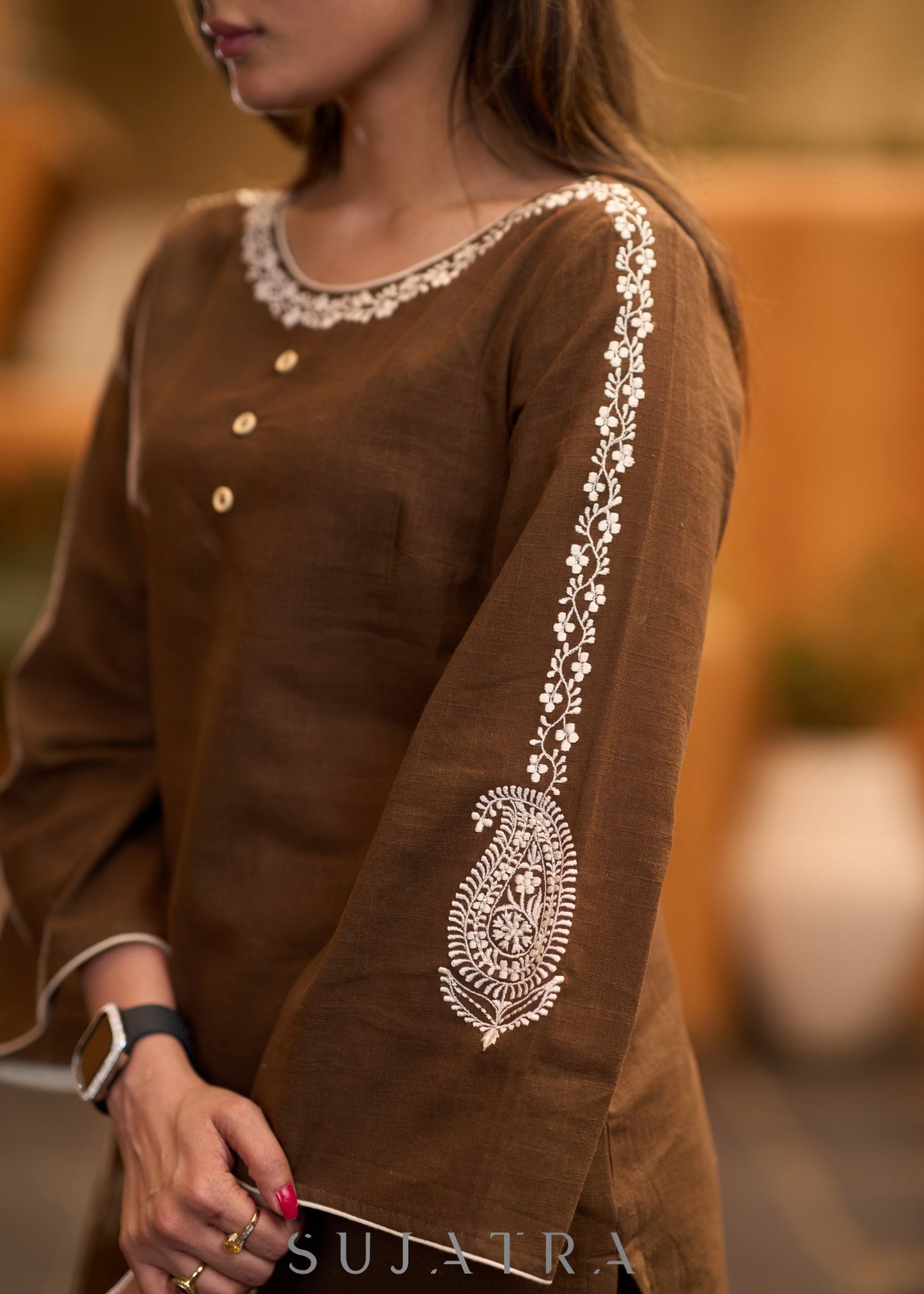 Exclusive brown cotton embroidered kurta with bell sleeves Pant optional