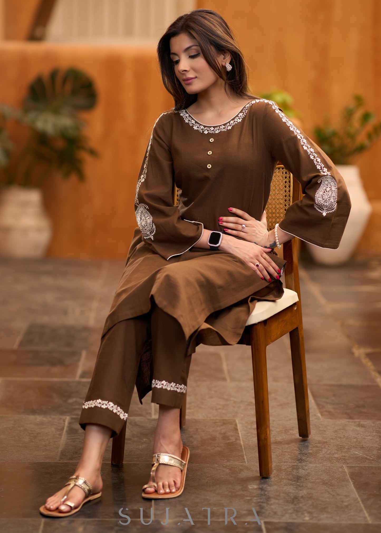 Exclusive brown cotton embroidered kurta with bell sleeves Pant optional