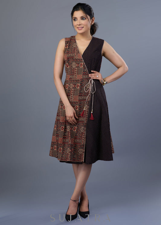 Stylish Black Cotton Ajrakh Overlap Dress