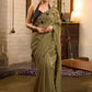 Elegant dark olive green cotton saree highlighted with floral applique and overall scallops