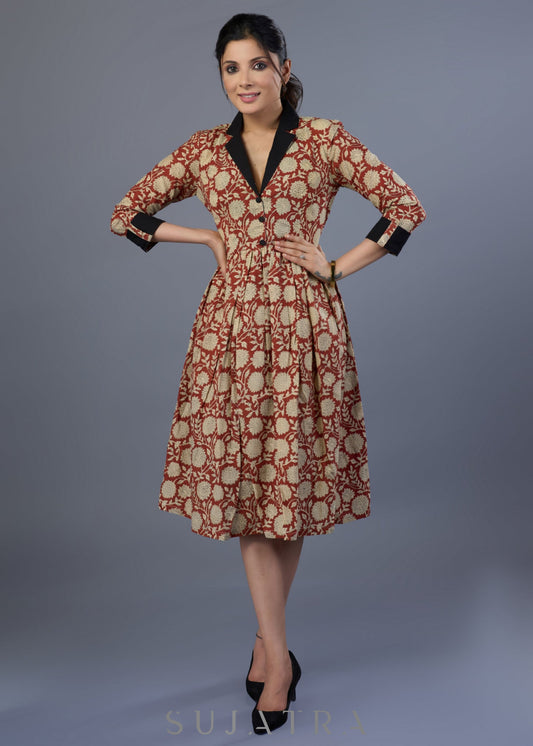 Trendy Rust Cotton Block Print Dress With Contrast Jacket Collar