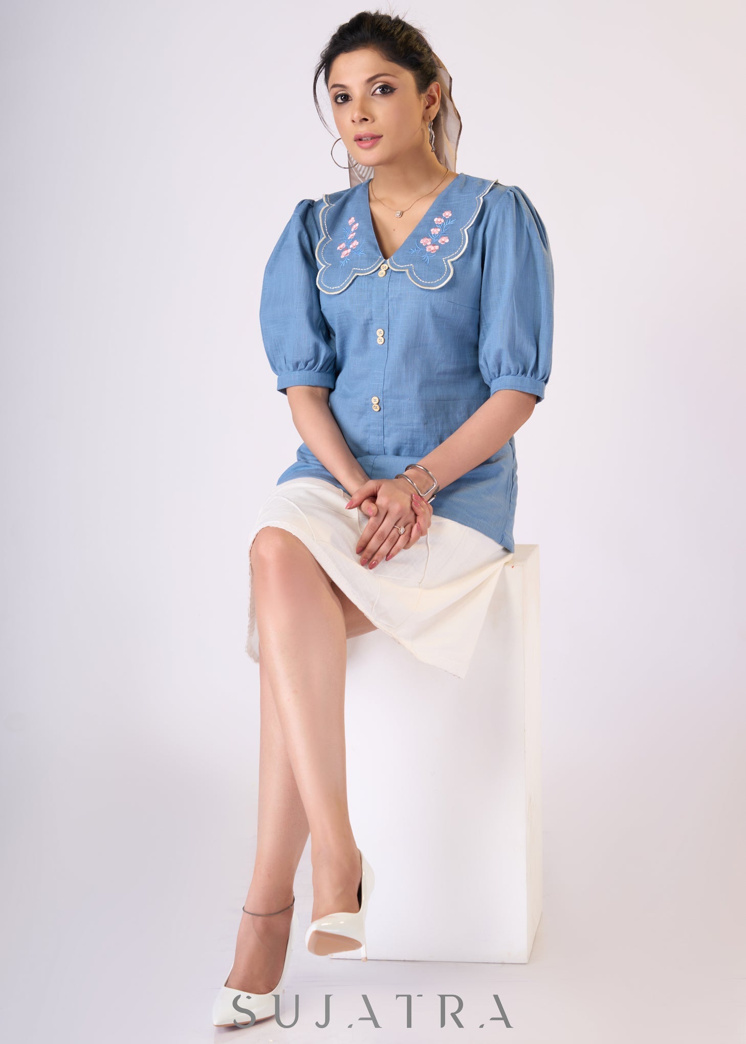 Powder blue cotton top with scalloped collar & embroidery - Skirt Optional