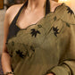 Elegant dark olive green cotton saree highlighted with floral applique and overall scallops