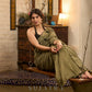 Elegant dark olive green cotton saree highlighted with floral applique and overall scallops