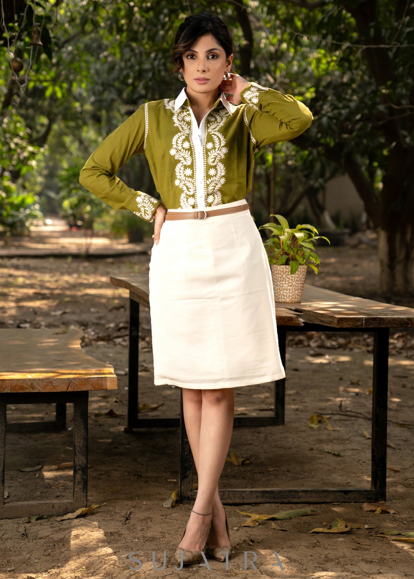 Trendy Moss Green Cotton Embroidered Shirt with Chikankari Inspired Embroidery