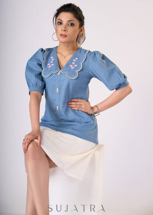 Powder blue cotton top with scalloped collar & embroidery - Skirt Optional