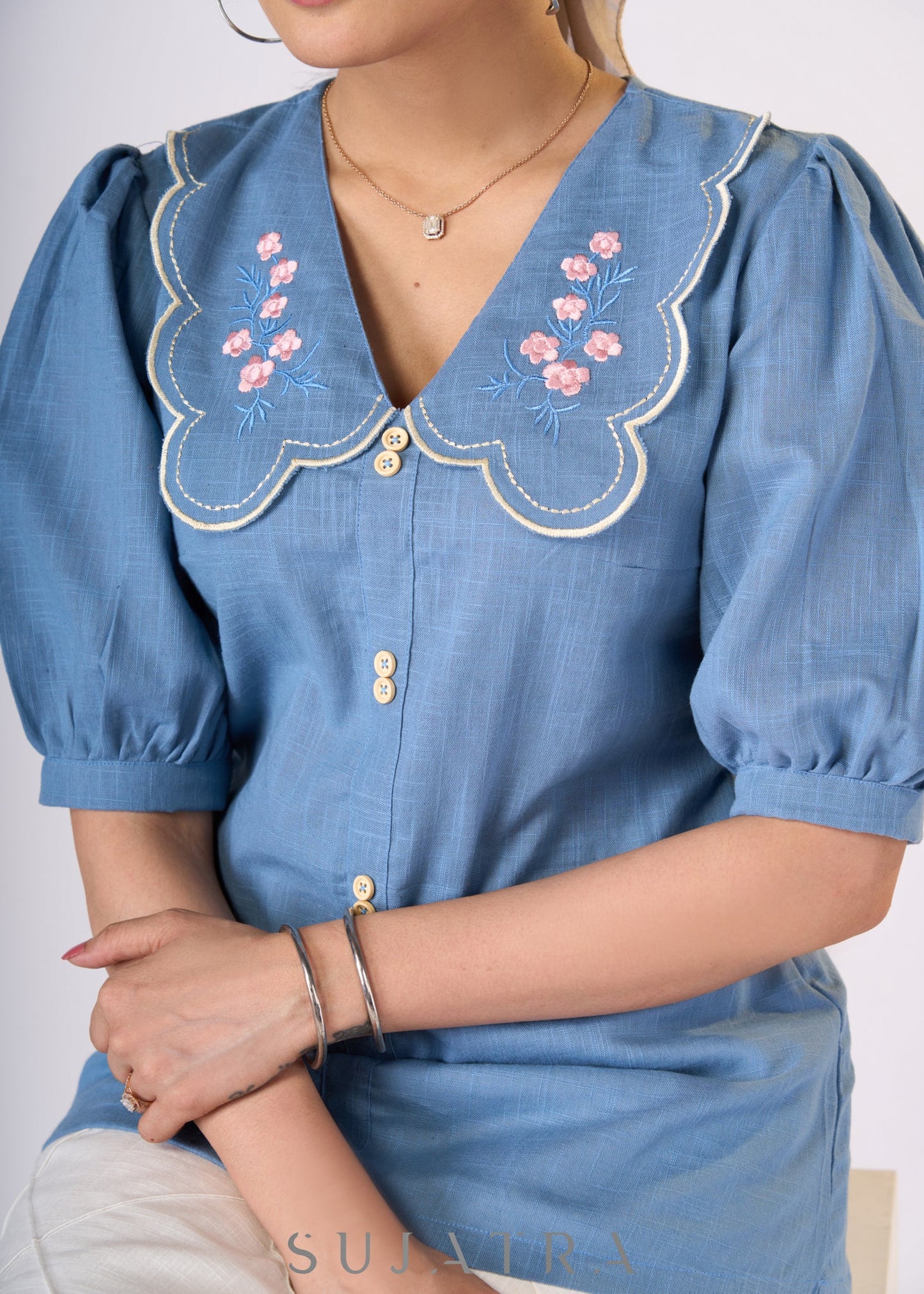 Powder blue cotton top with scalloped collar & embroidery - Skirt Optional