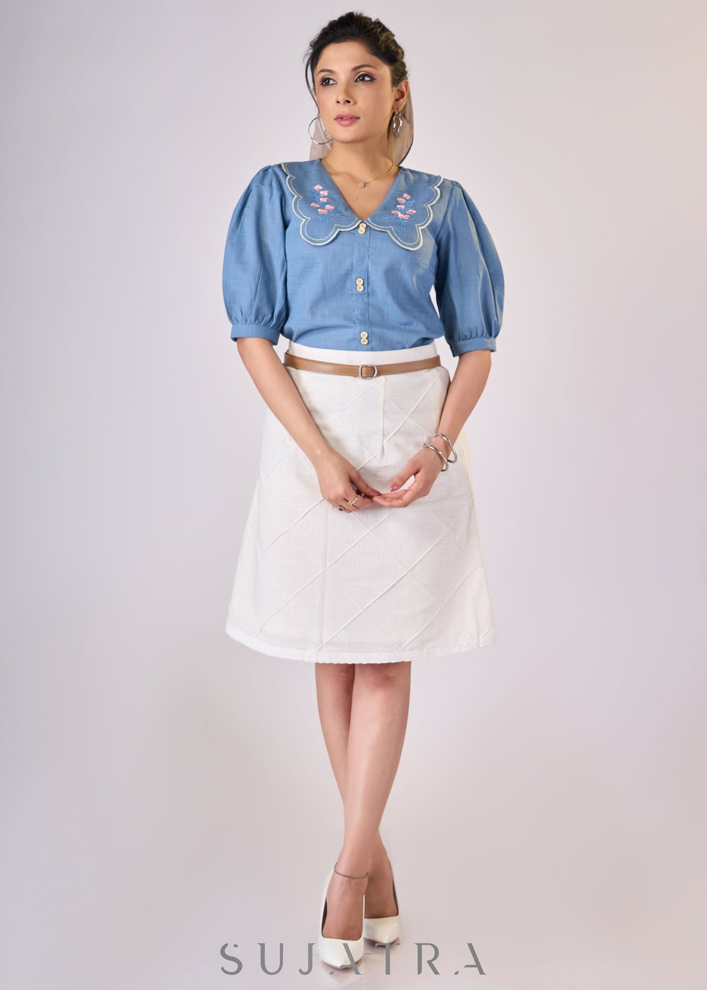 Powder blue cotton top with scalloped collar & embroidery - Skirt Optional