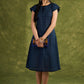 Navy Plaid Design Cotton Dress. Elegant Navy Plaid Designed Dress With Capped Sleeves For Sophistication