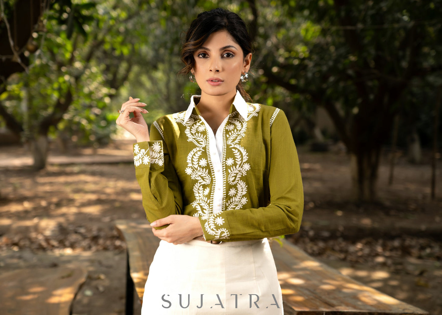 Trendy Moss Green Cotton Embroidered Shirt with Chikankari Inspired Embroidery