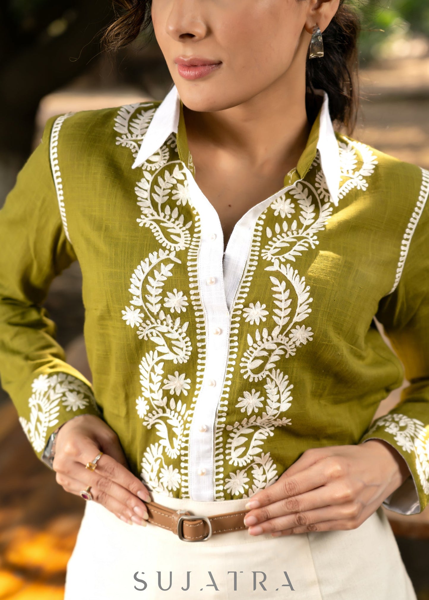 Trendy Moss Green Cotton Embroidered Shirt with Chikankari Inspired Embroidery