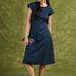 Navy Plaid Design Cotton Dress. Elegant Navy Plaid Designed Dress With Capped Sleeves For Sophistication