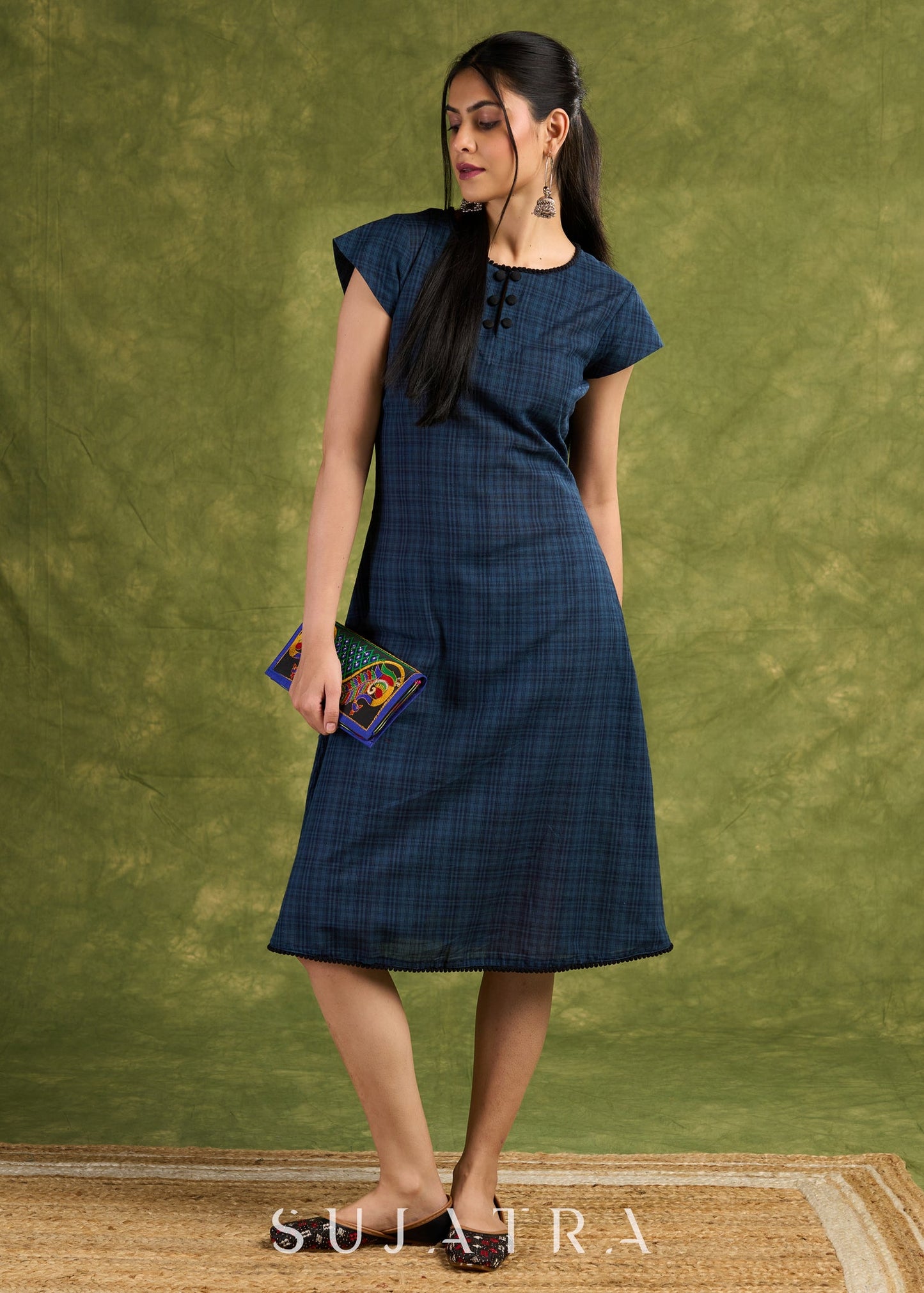 Navy Plaid Design Cotton Dress. Elegant Navy Plaid Designed Dress With Capped Sleeves For Sophistication