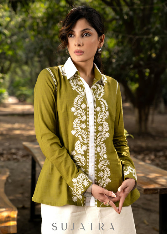 Trendy Moss Green Cotton Embroidered Shirt with Chikankari Inspired Embroidery