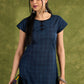 Navy Plaid Design Cotton Dress. Elegant Navy Plaid Designed Dress With Capped Sleeves For Sophistication