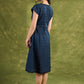 Navy Plaid Design Cotton Dress. Elegant Navy Plaid Designed Dress With Capped Sleeves For Sophistication