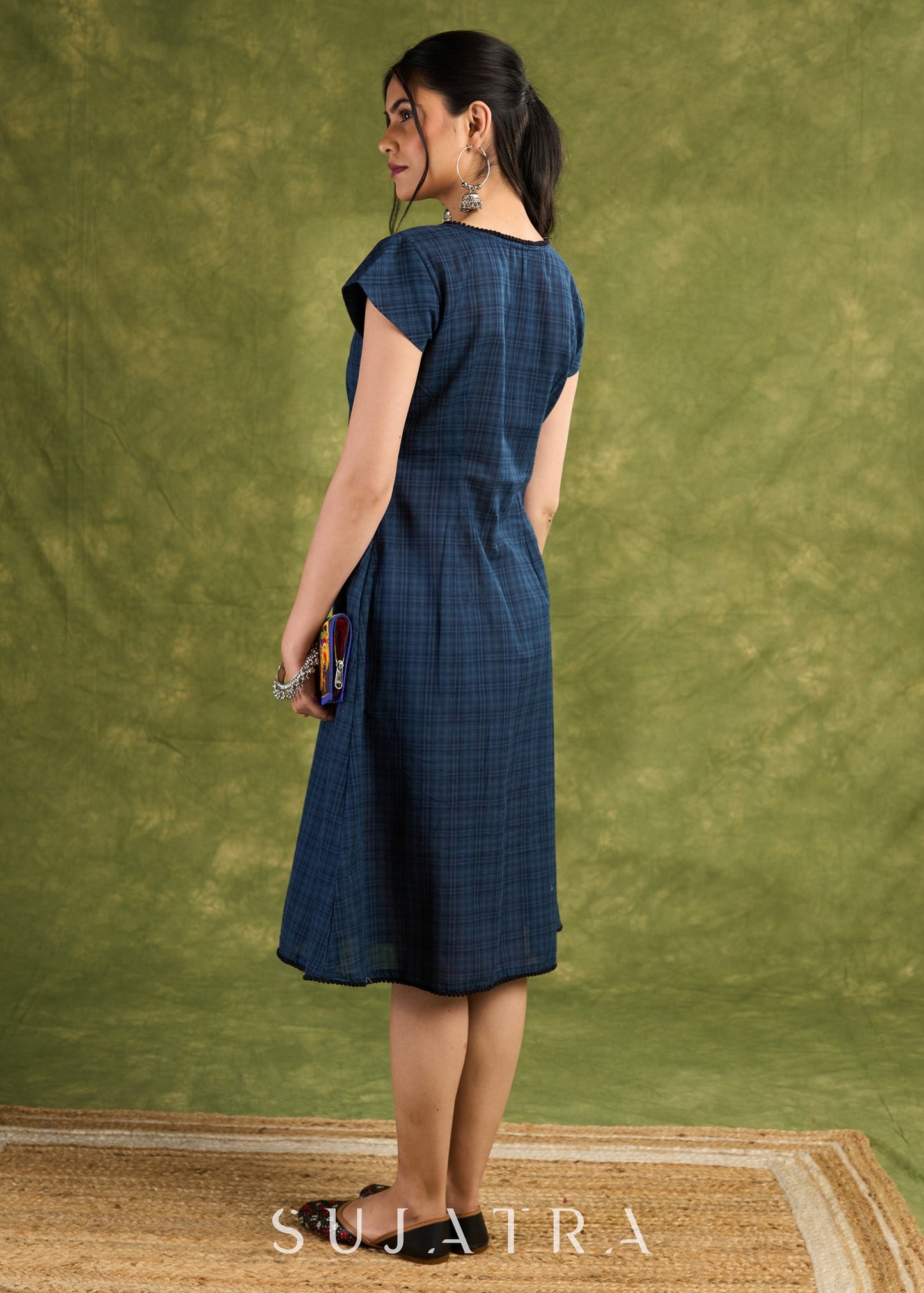 Navy Plaid Design Cotton Dress. Elegant Navy Plaid Designed Dress With Capped Sleeves For Sophistication