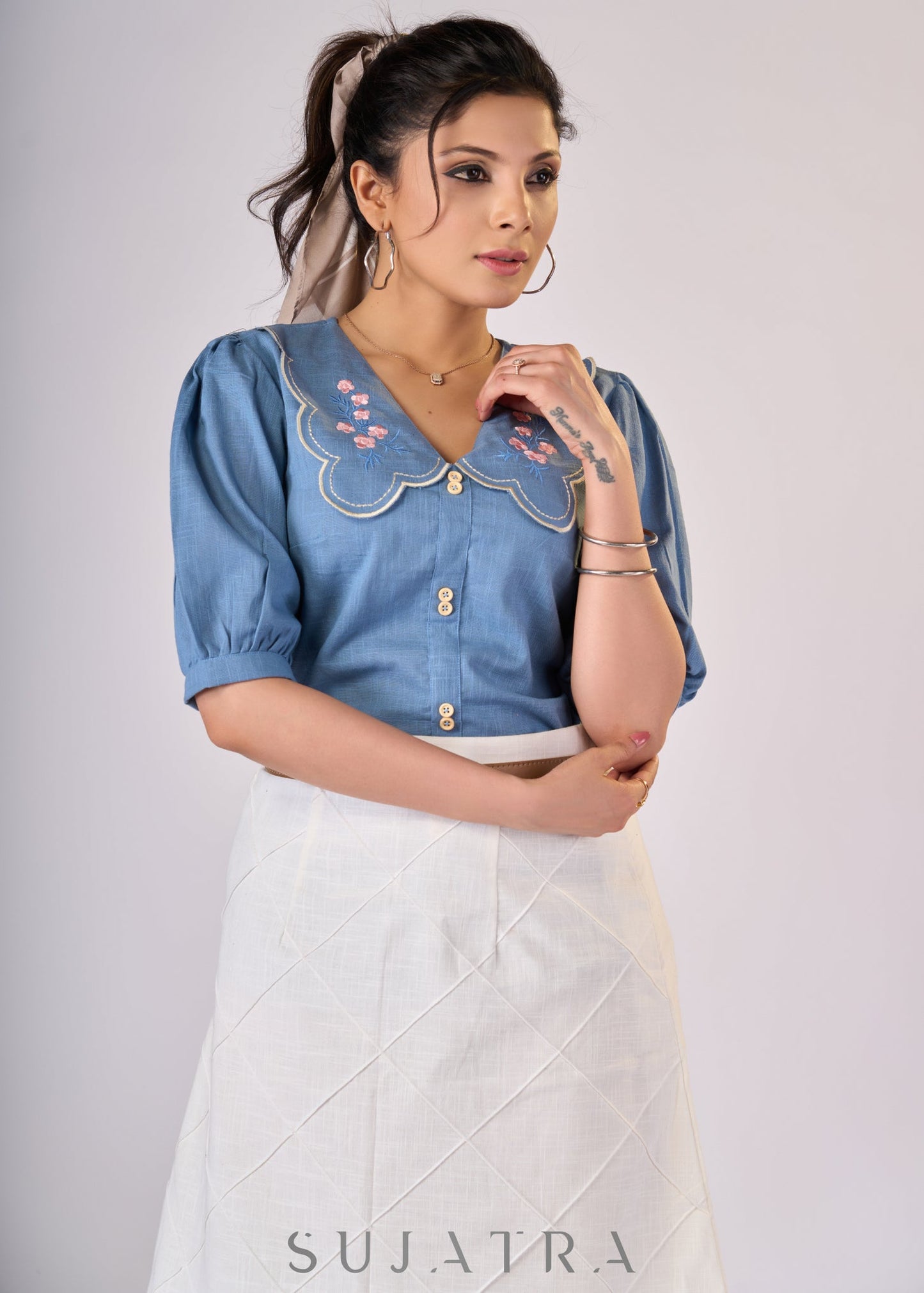 Powder blue cotton top with scalloped collar & embroidery - Skirt Optional