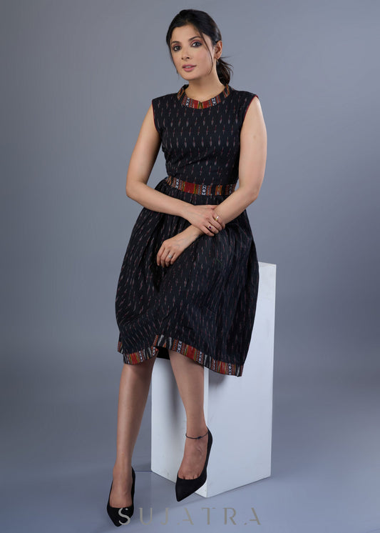 Stylish Black Cotton Ikkat Combination Dress