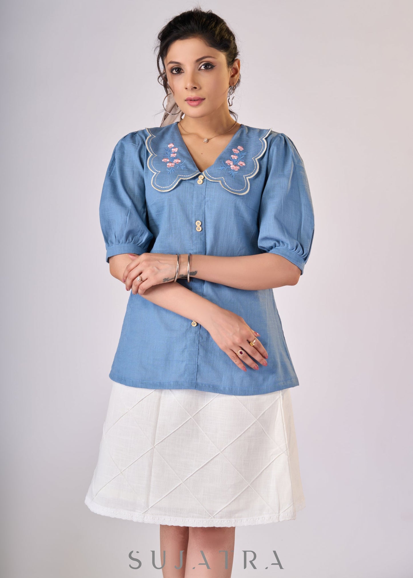 Powder blue cotton top with scalloped collar & embroidery - Skirt Optional