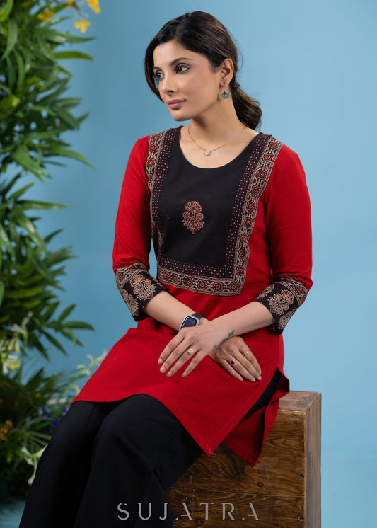 Classic red cotton tunic with ajrakh combination yoke highlighted with applique motif