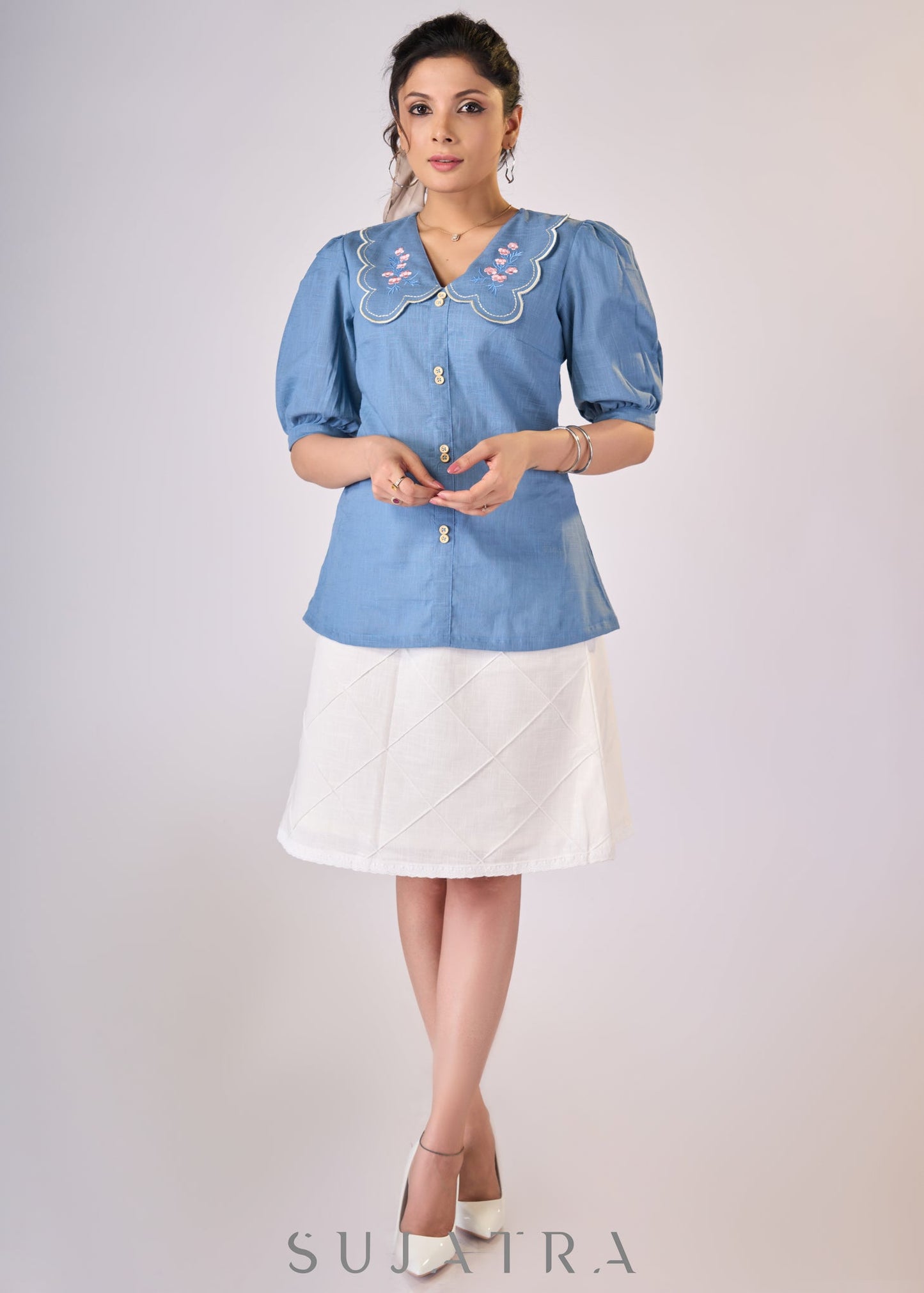 Powder blue cotton top with scalloped collar & embroidery - Skirt Optional