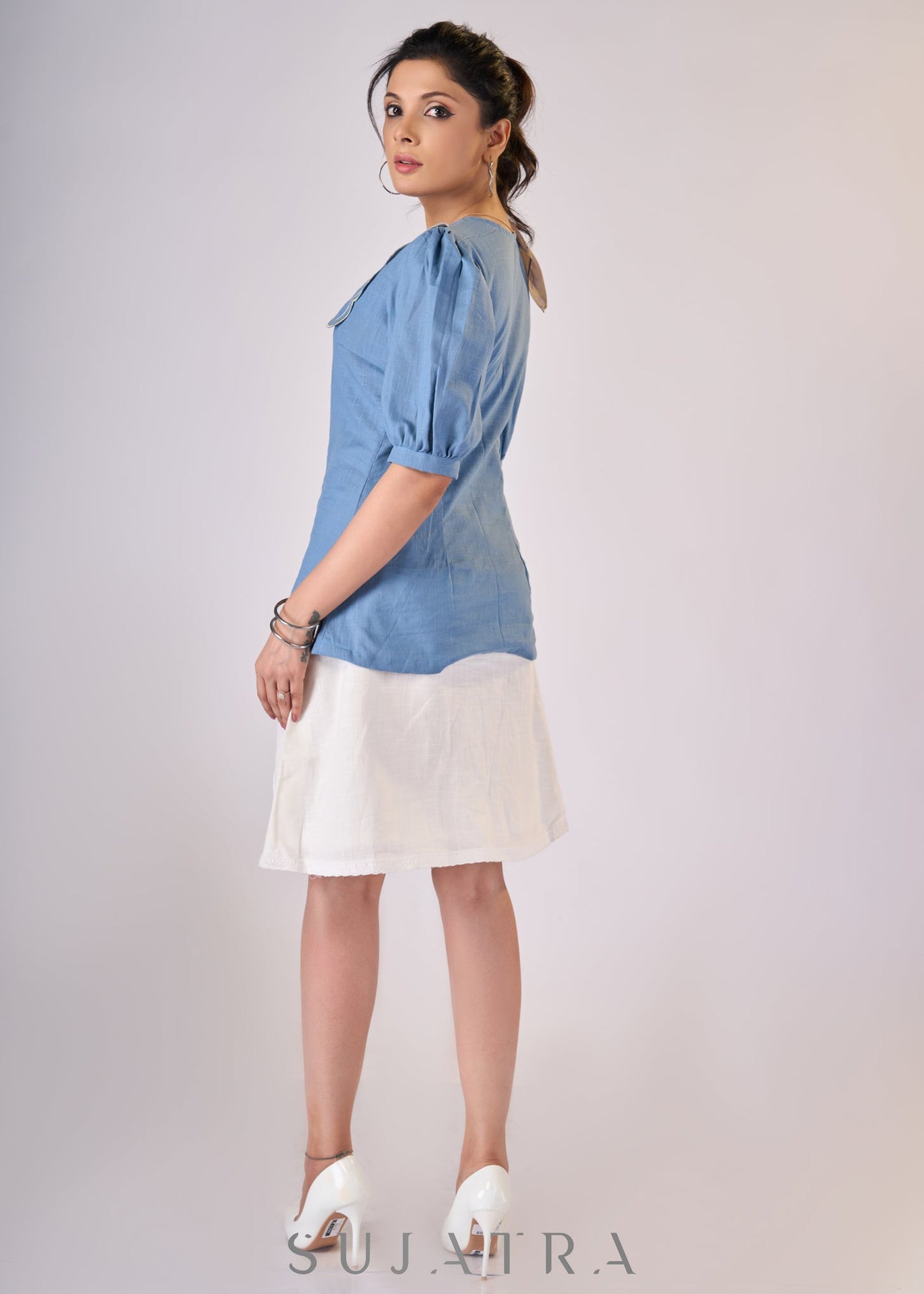 Powder blue cotton top with scalloped collar & embroidery - Skirt Optional